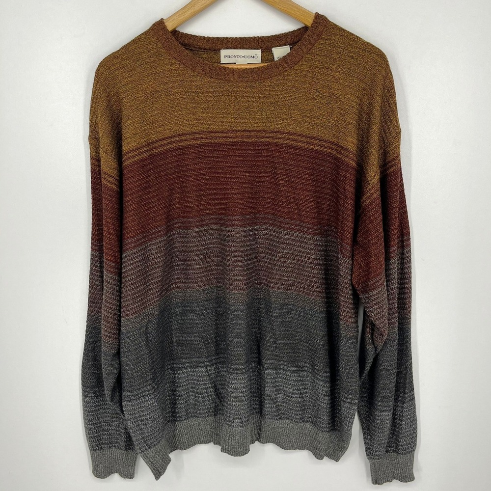 Pronto Uomo Mens XL Crewneck Sweater Ombre Colorblock Brown Burgundy Grey Knit